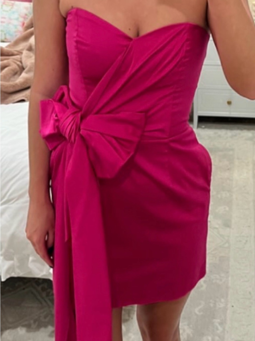 French Connection Strapless Mini Dress in Hot Pink with Side Bow